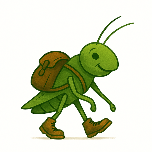 Illustration einer grünen Heuschrecke mit Rucksack und Wanderschuhen
