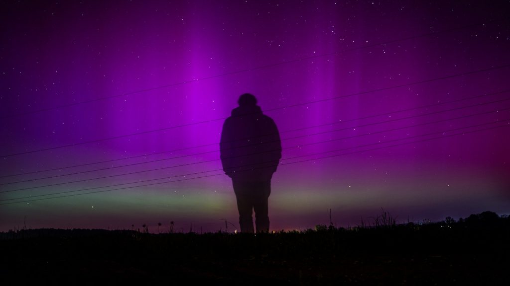 Polarlichter in Deutschland beobachten – Nordlichter leuchten am klaren Nachthimmel über einer Landschaft