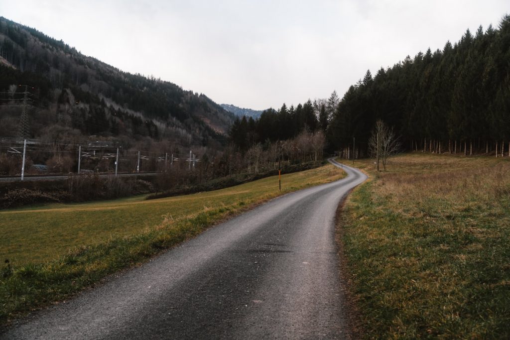 Schlittelbahn Preda–Bergün im Winter: Rodler auf der gesperrten Albula-Passstrasse mit verschneiten Tannen und Bergkulisse.